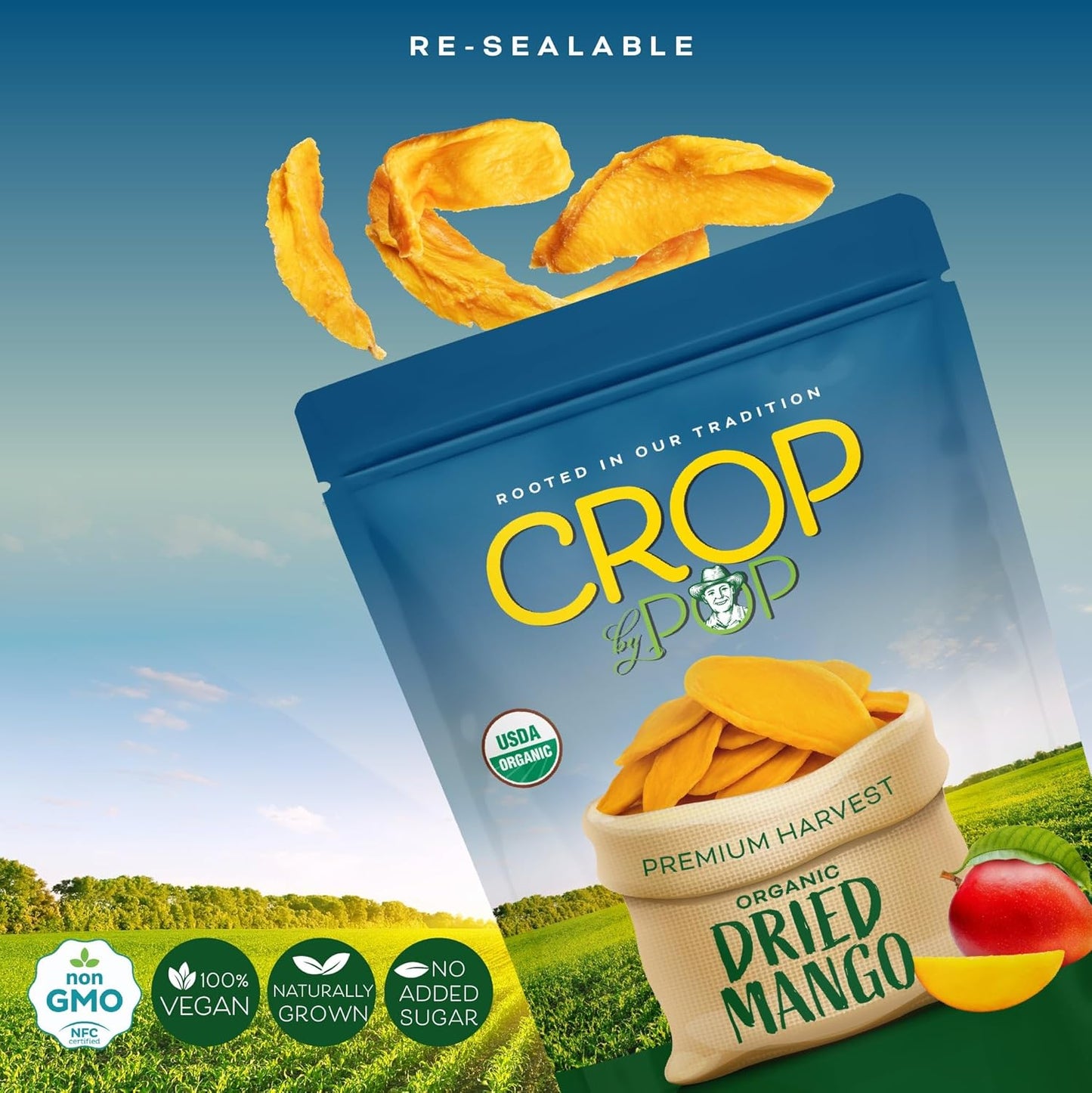 CROP BY POP - Organic Sun Dried Mango Slices, No Sugar Added, Unsulphured (32oz, 2 LB) Bulk Dry Fruits Packed Fresh in Resealable Bag - USDA Organic, Non GMO, Kosher