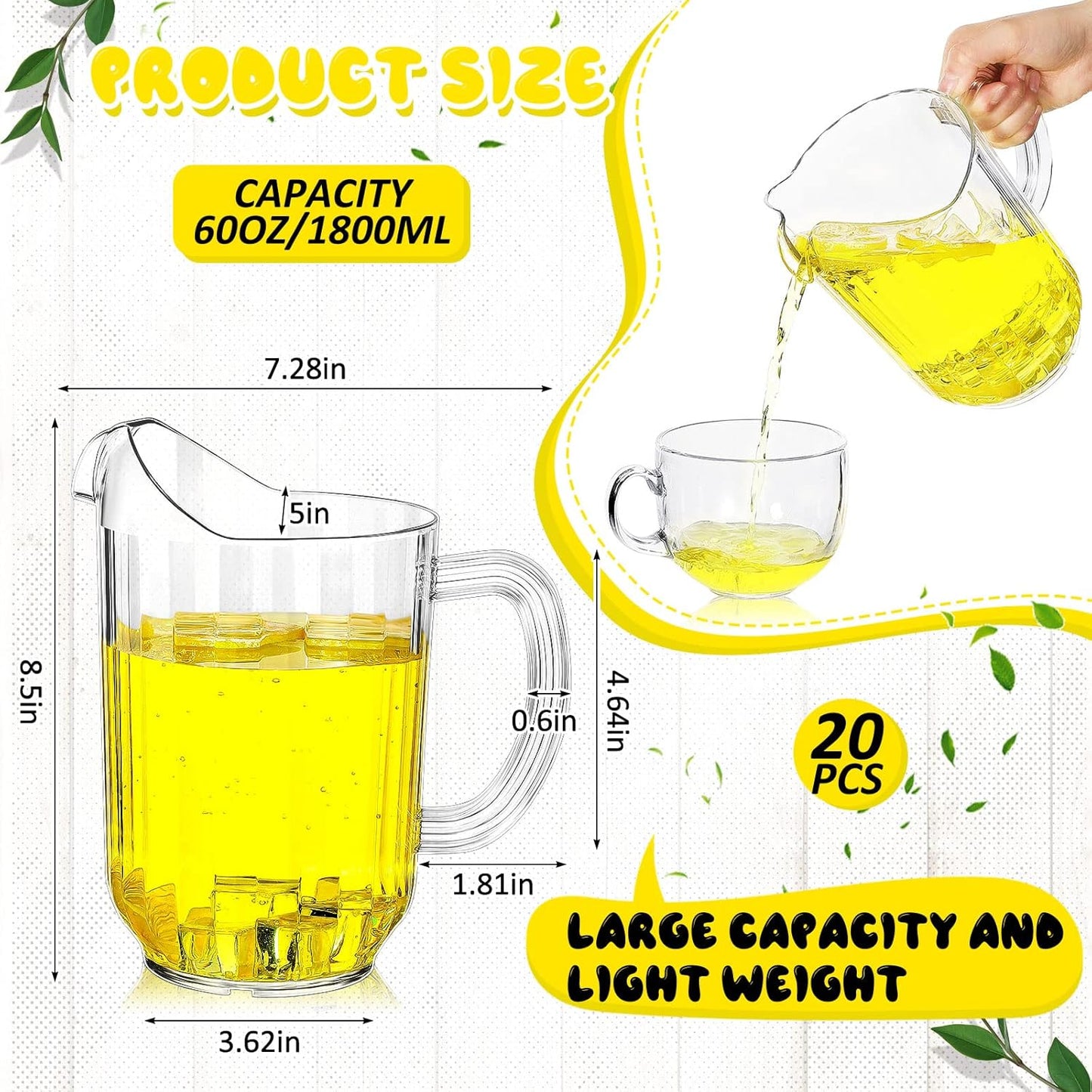 Tessco for you 20 Pcs Plastic Pitchers 60 Ounce Clear Restaurant Jug Large Water Pitcher Carafe Serve Milk Tea Juice Drink for Parties Container Dispenser Beer Jar