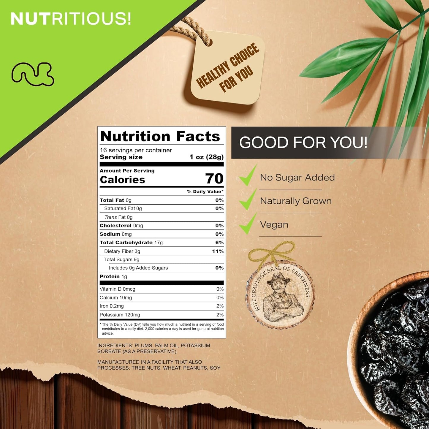 NUT CRAVINGS - Dried Prunes Pitted Unsweetened, Dry Plums No Sugar Added (16oz, 1 LB) Bulk Dry Fruits Packed Fresh in Resealable Bag - Sweet Healthy Snack, Naturally Grown, Vegan, Kosher