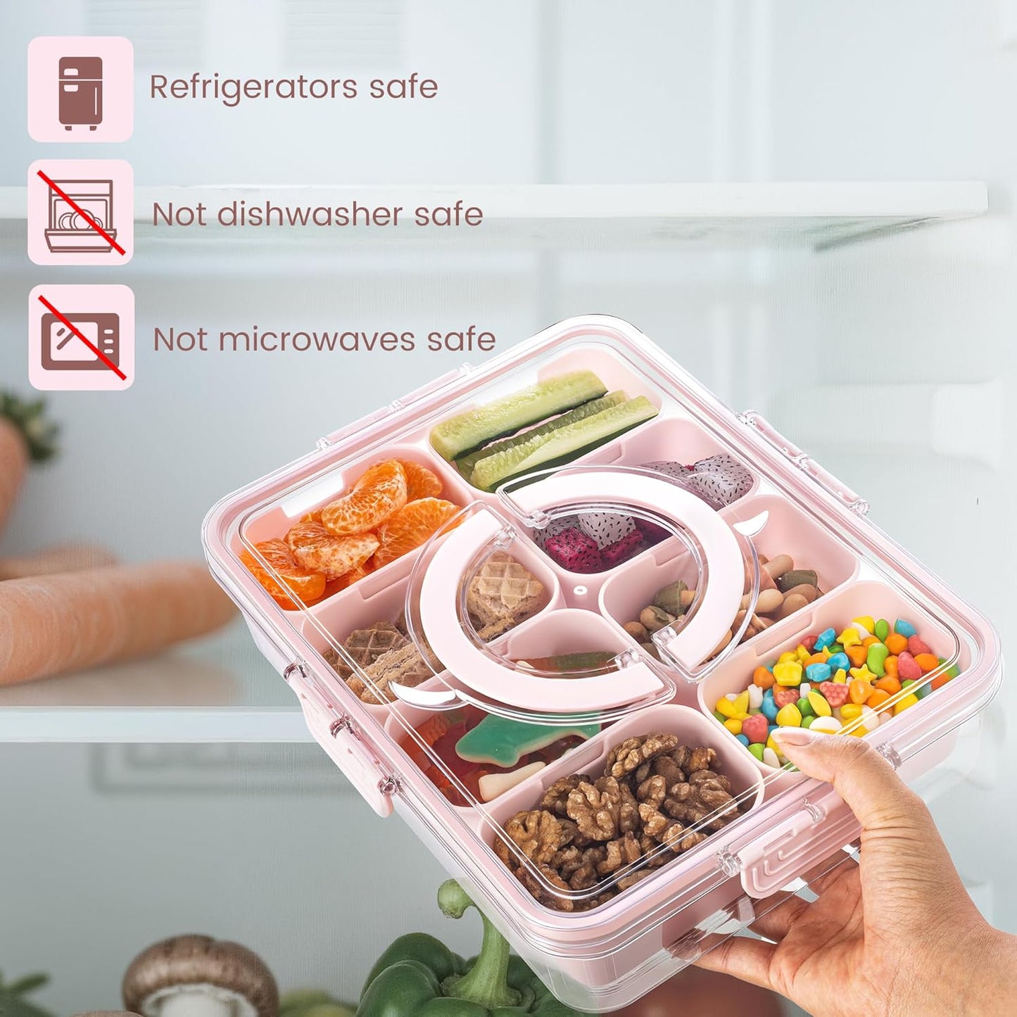 Divided Serving Tray with Lid and Handle - Snackle Box Charcuterie Container for Portable Snack Platters Organizer for Candy, Fruits, Nuts, Snacks - Perfect for Party, Entertaining, Red