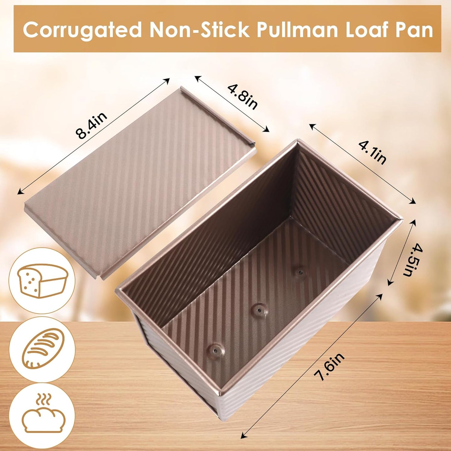 2pack Pullman Bread Pans with Lid, 1LB Capacity Bread Loaf Pan, Non-Stick, Easy Release Sandwich Bread Loaf Pan for Baking Homemade Bread