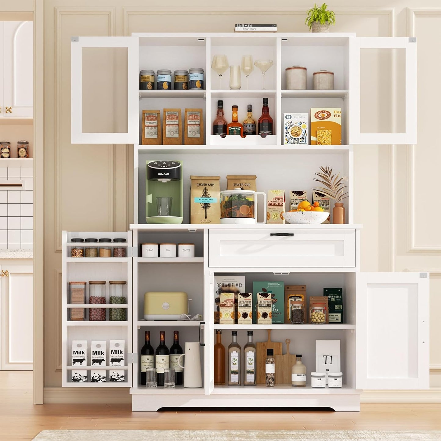 Vongrasig Tall Pantry Cabinet, Kitchen Pantry Storage Cabinet with Microwave Stand,Farmhouse Kitchen Hutch with Adjustable Shelves for Living Room, Dining Room, White