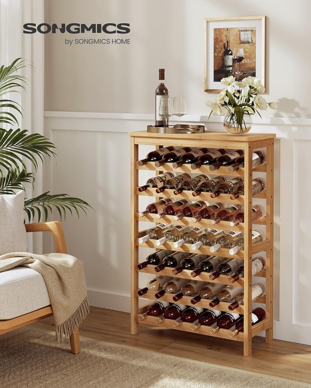 SONGMICS 42-Bottle Wine Rack Free Standing Floor, 7-Tier Display Wine Storage Shelves with Table Top, Bamboo Wobble-Free Bottle Holder for Kitchen Bar Dining Room Living Room, Natural UKWR27NL