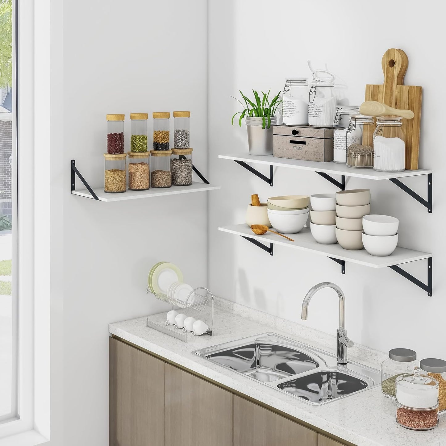Heimlove White Deep Floating Shelves for Wall, 36W x 12D Wood Wall Shelves Set of 2, Wide Floating Bookshelf for Living Room, Kitchen, Office, Bedroom and Decor Storage, with Black Bracket - White