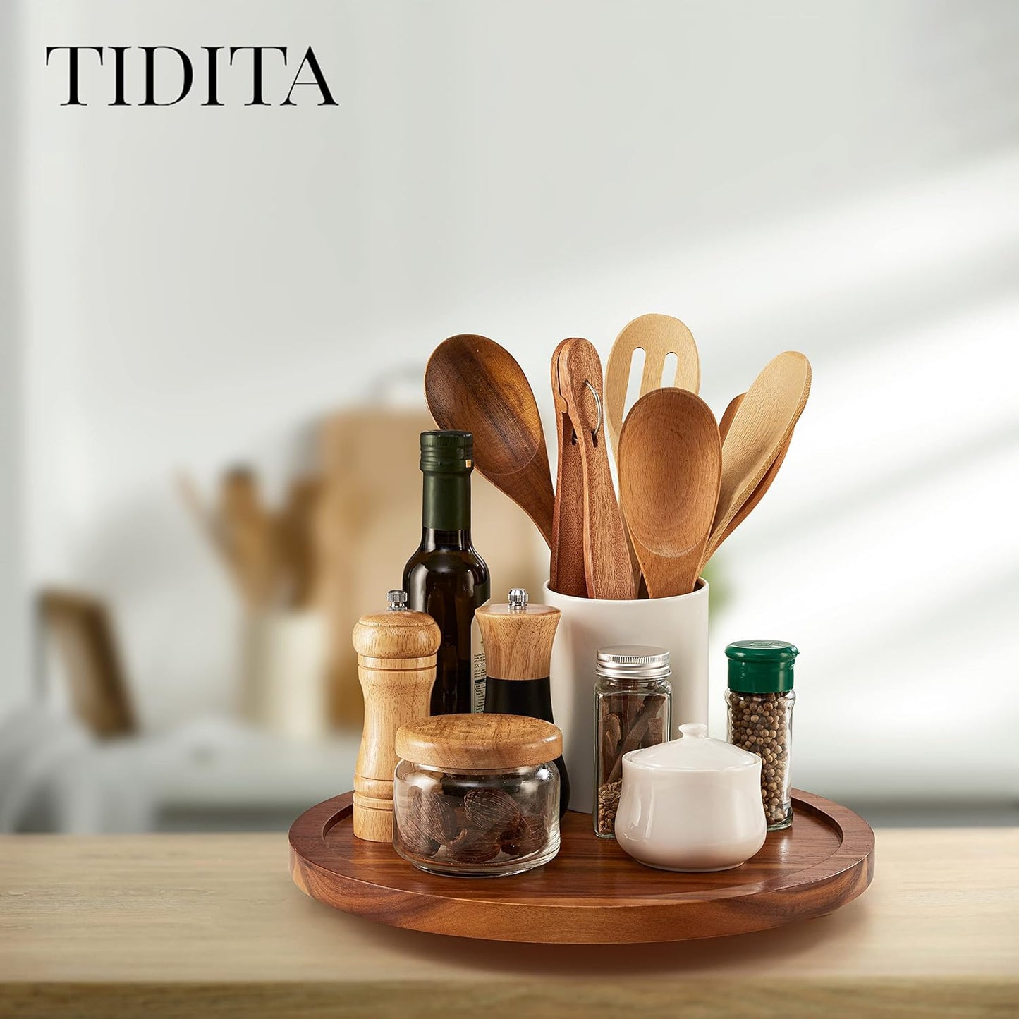13" Acacia Wood Lazy Susan Organizer for Cabinet - Round Lazy Susans Turntable for Countertop - Wooden Kitchen Rotating Storage Food Bin Container for Centerpiece Table, Spices, Pantry