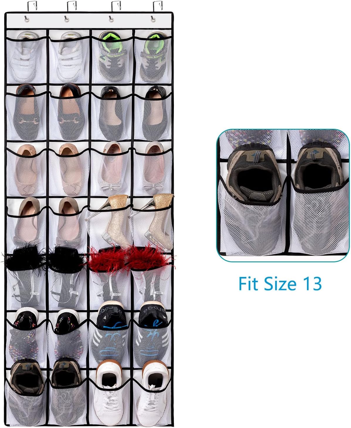 REGELETO 28 Large Pocket Over the Door Shoe Organzier, Hanging Shoe Rack for Door Large Capacity Shoe Organizer Holder with 4 Metal Hooks.