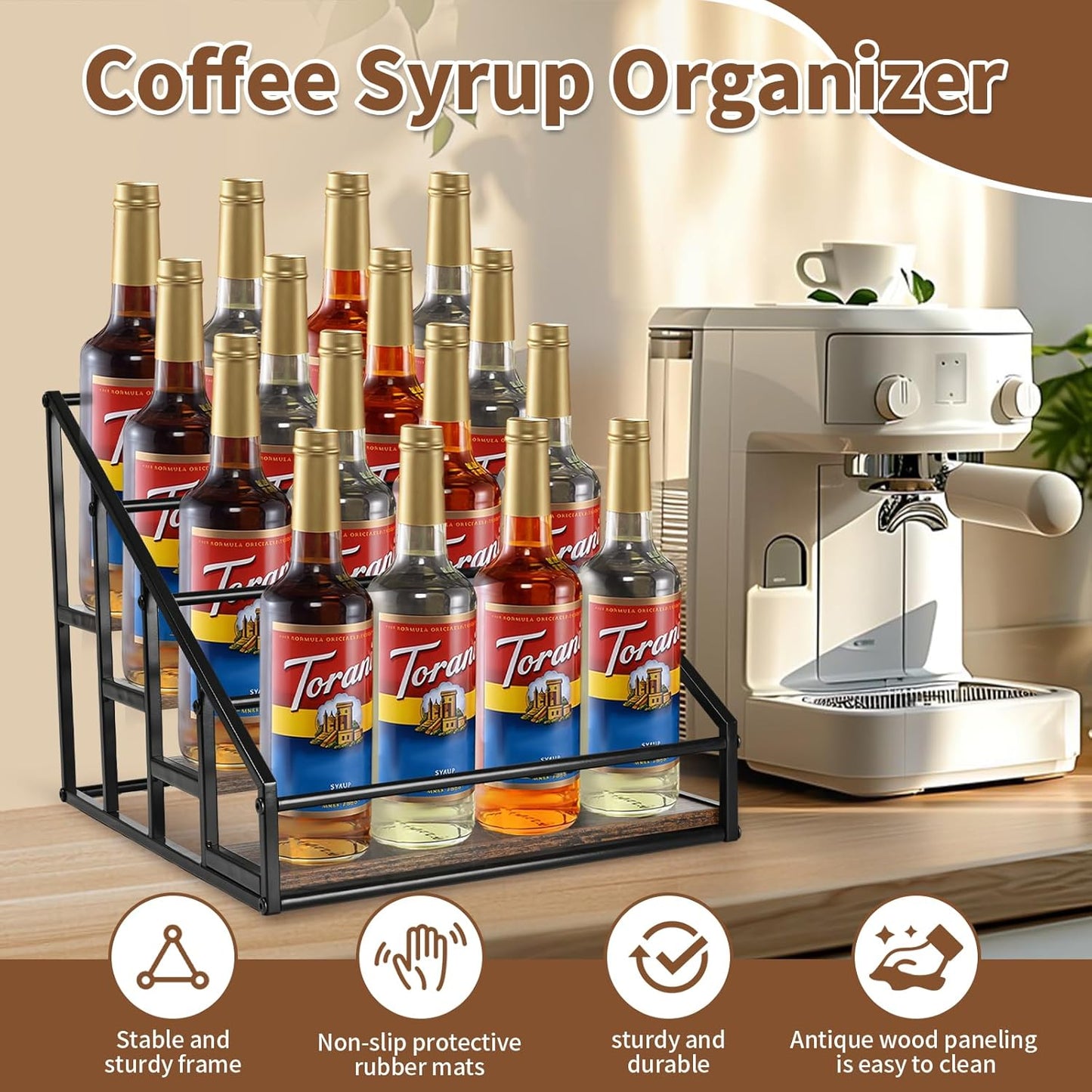 Coffee Syrup Rack Organizer,Liquor Bottle Display Shelf,Water cup display stand,Spice Rack Kitchen Cabinet Organizer,Rustic Brown,2 Packs 4 Tier 16 Bottle Coffee Syrup Holder