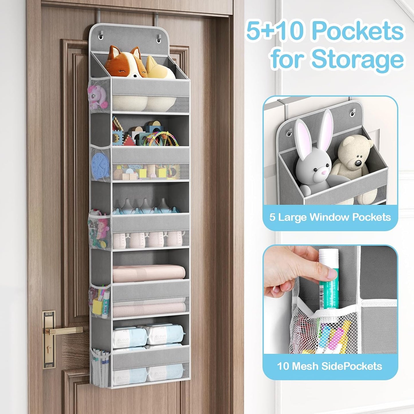 LAMU 2 Pack Over The Door Organizer Hanging with 5 Large Pockets and 10 Mesh Pockets, 44lb Over The Door Storage for Closet, Nursery and Bathroom, Behind The Door Storage with Clothes and Toys, Gray