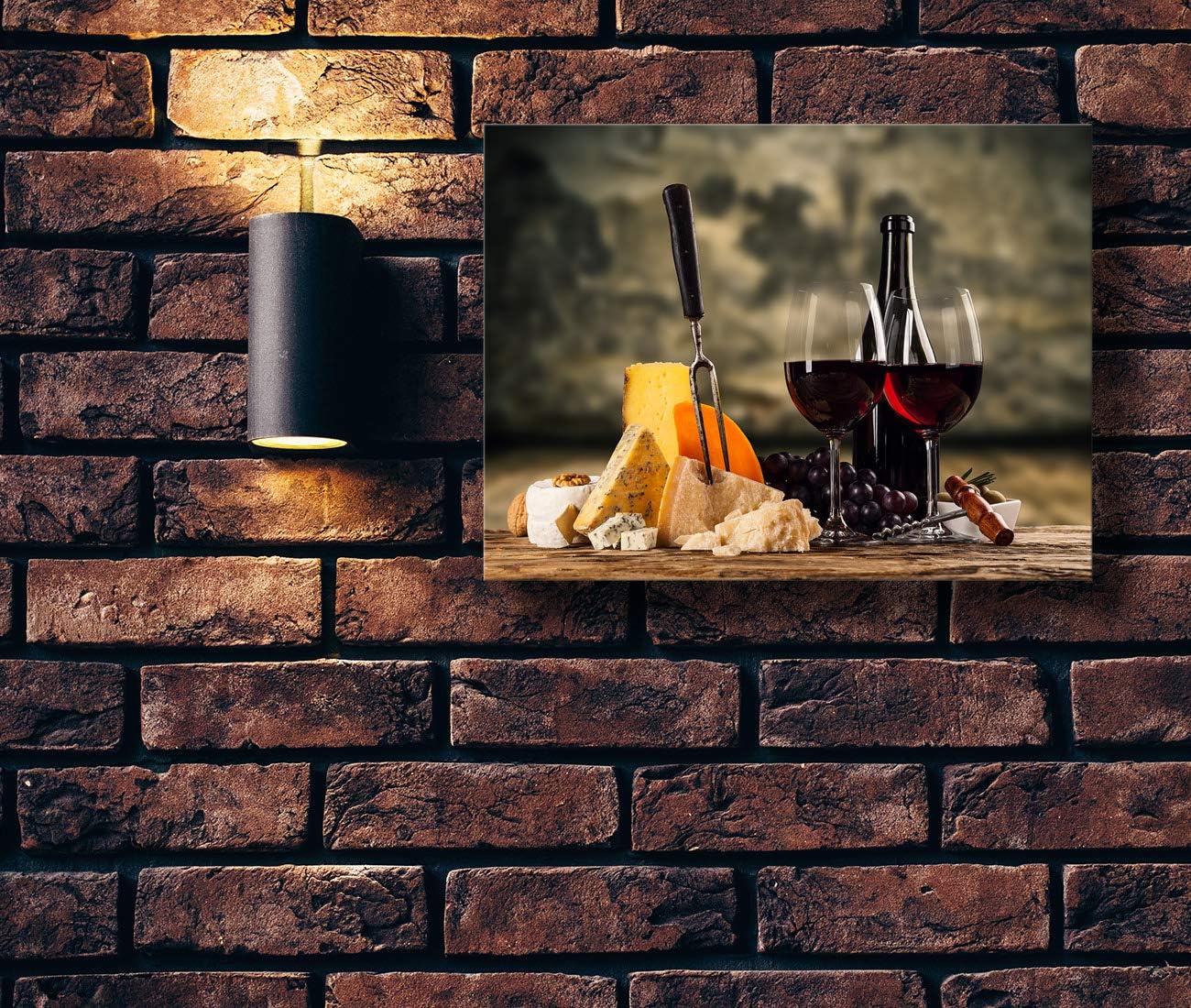 Looife Kitchen Still Life Canvas Wall Art, 48x32 Inch Gallery Wrapped Red Wine with Cheese Picture Prints Wall Decor, Food Art Deco for Dining Room and Bar Decoration