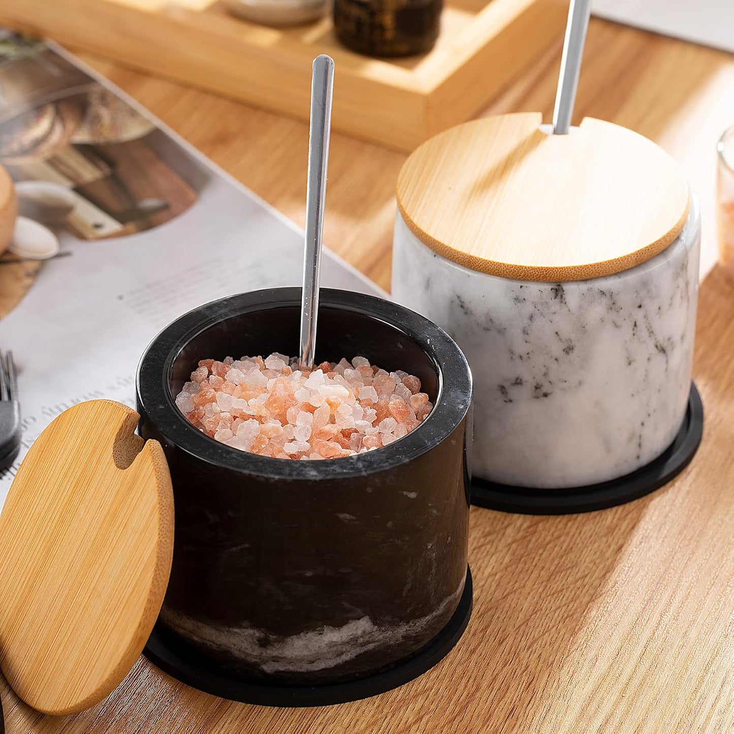 Marble Salt Cellar Set, 2 PCS 11oz Salt and Pepper bowls, Handcrafted from Natural Marble, Smooth Inside (White & White Set)