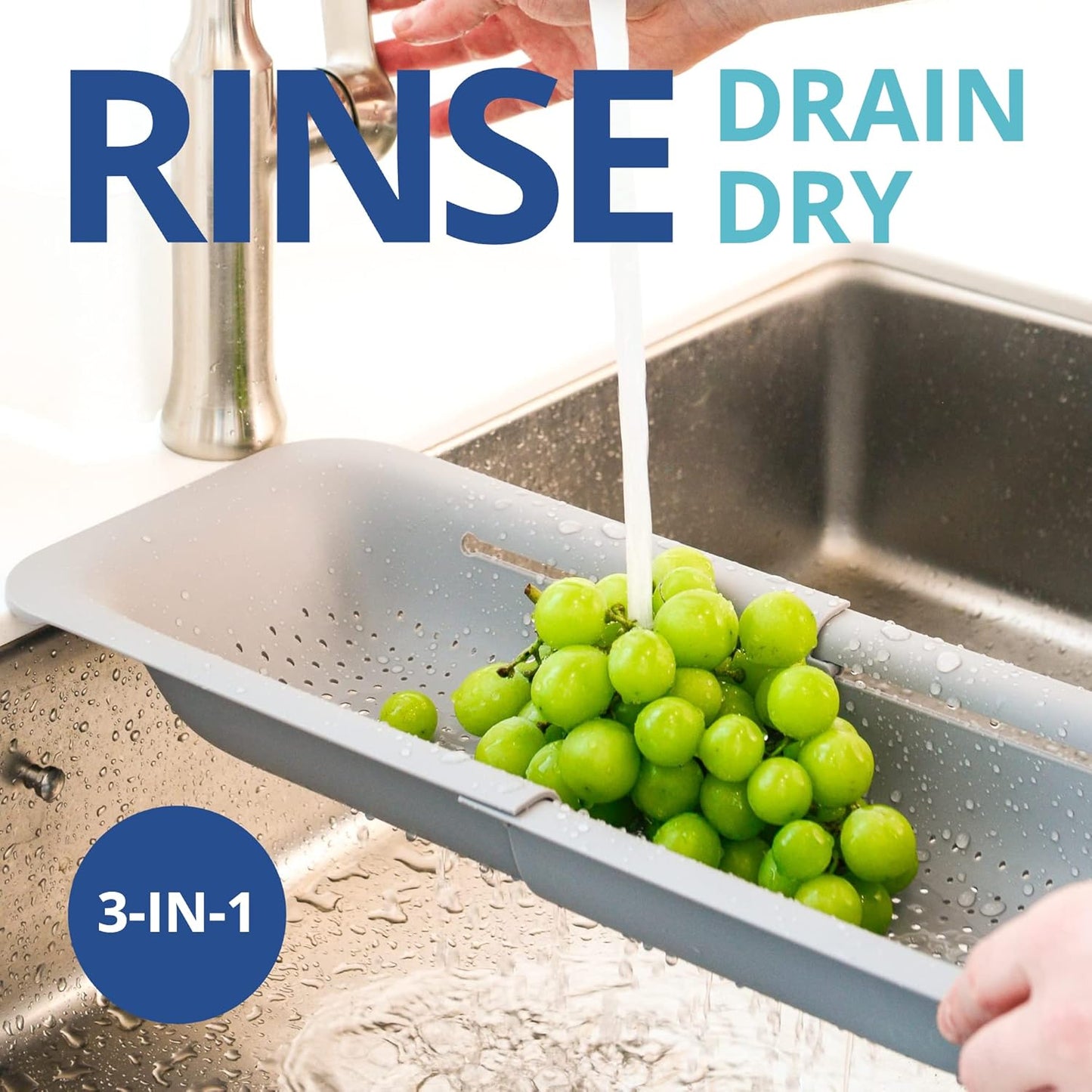 BLUE GINKGO Over the Sink Colander Strainer Basket - Wash Vegetables and Fruits, Drain Cooked Pasta and Dry Dishes - Extendable - New Home Kitchen Essentials (7.9W x 14-19L x 2.75H) - Gray