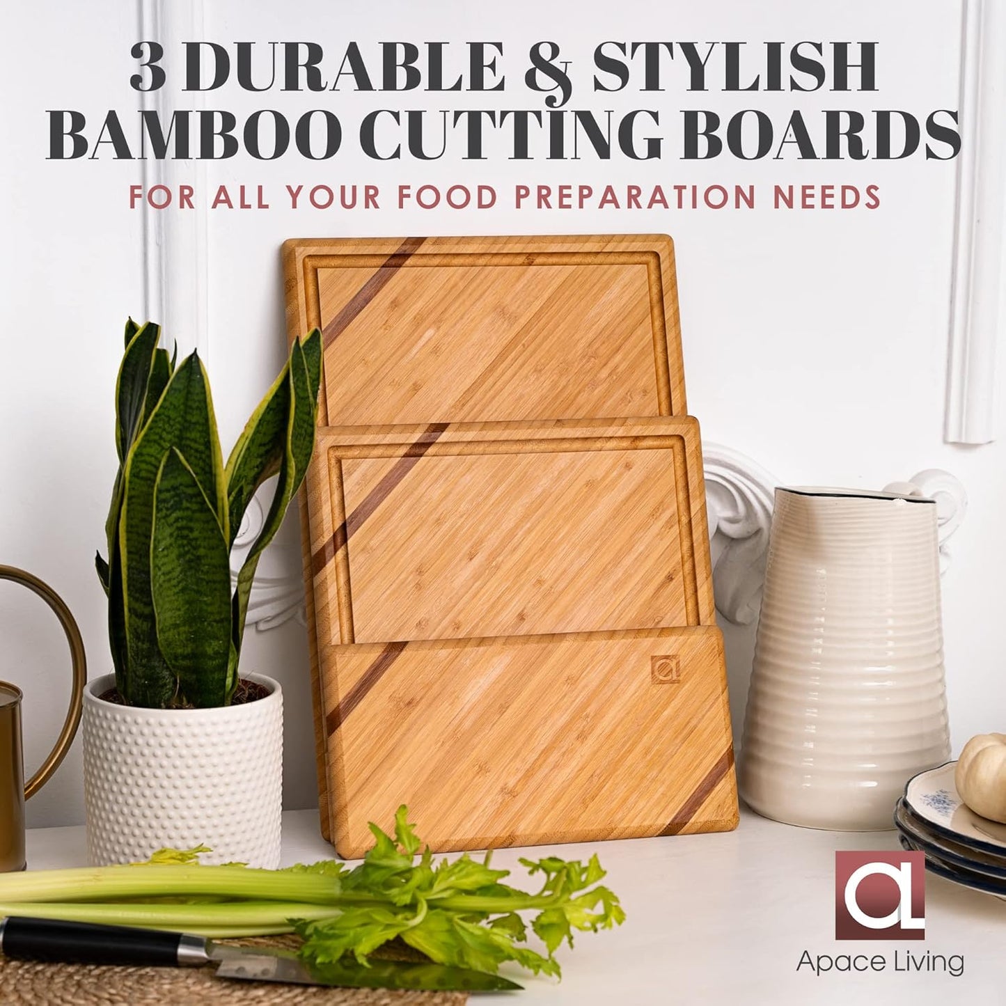 Chorus Bamboo Cutting Board Set with Juice Groove (Set of 3) - Luxury Organic Wood Chopping Board for Kitchen, Wooden Cutting Board for Meat (Butcher Block), Vegetables, Cheese