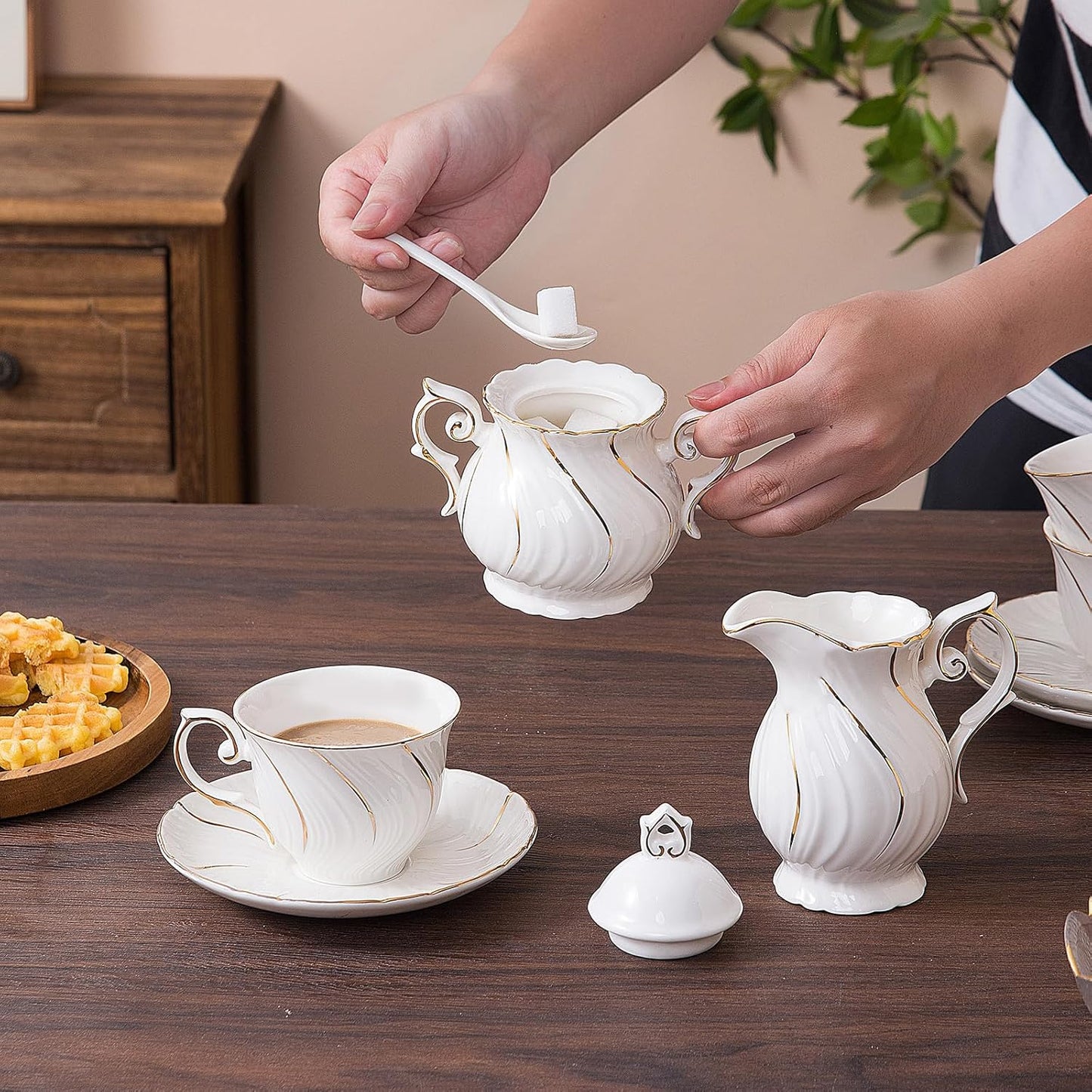 Sugar and Creamer Set Ceramic, Creamer Pitcher and Sugar Bowl with Lid, Creamer Pitcher with Handle,Sugar Cube Dish Coffee or Tea, White with gold thread