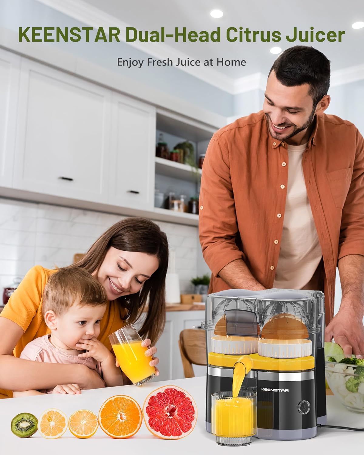 Electric Citrus Juicer, Dual-Head Orange Juicer Squeezer with Power Cord, Portable Juicer with Cleaning Brush for Lemon, Grapefruit, High Juice Yield, One Touch Operation, Easy to Clean
