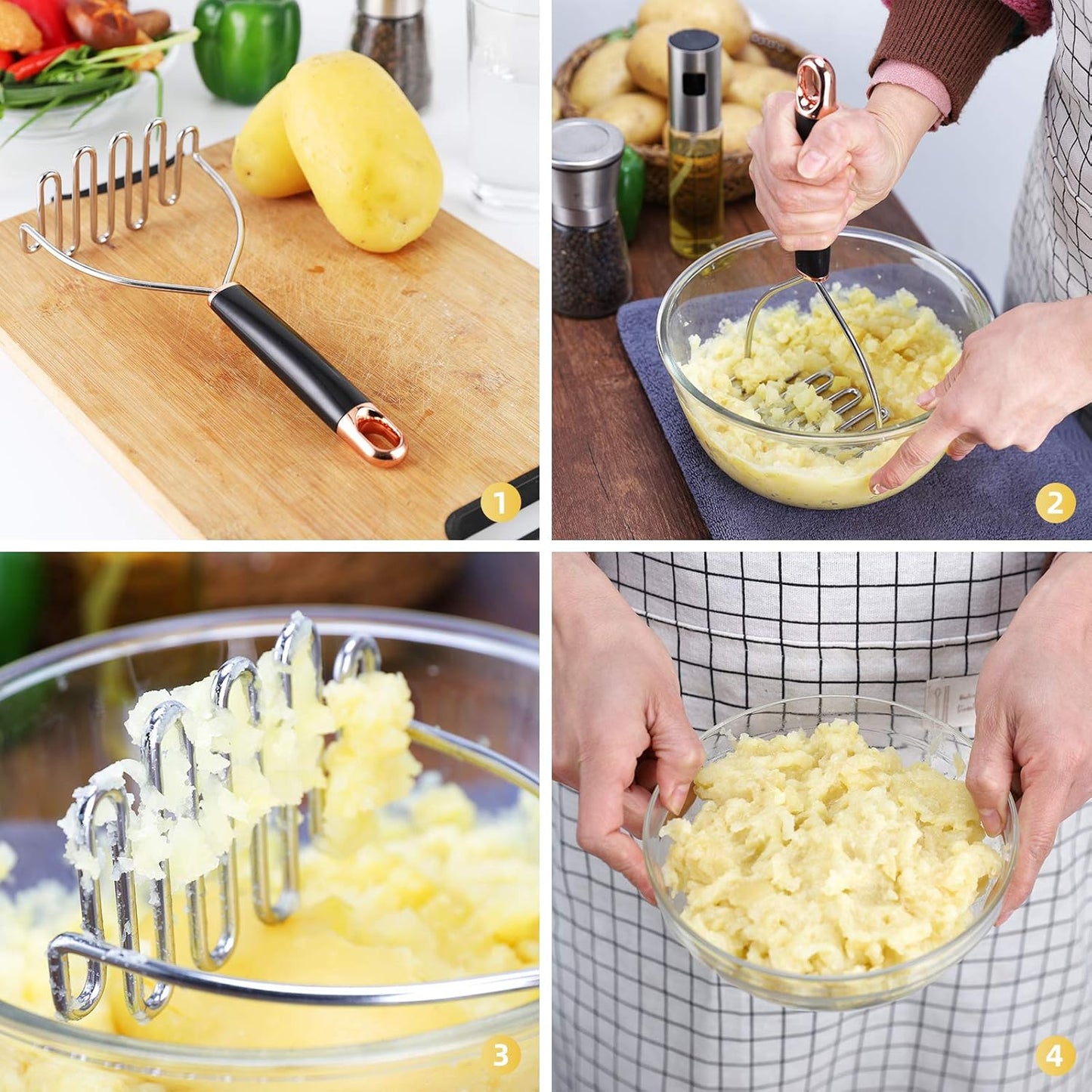Potato Masher, Potato Masher Stainless Steel, Heavy Duty Mashed Potatoes Masher, Professional Metal Wire Masher Kitchen Tool for Bean, avocado, Vegetable-10.24 inch （Rose Gold）