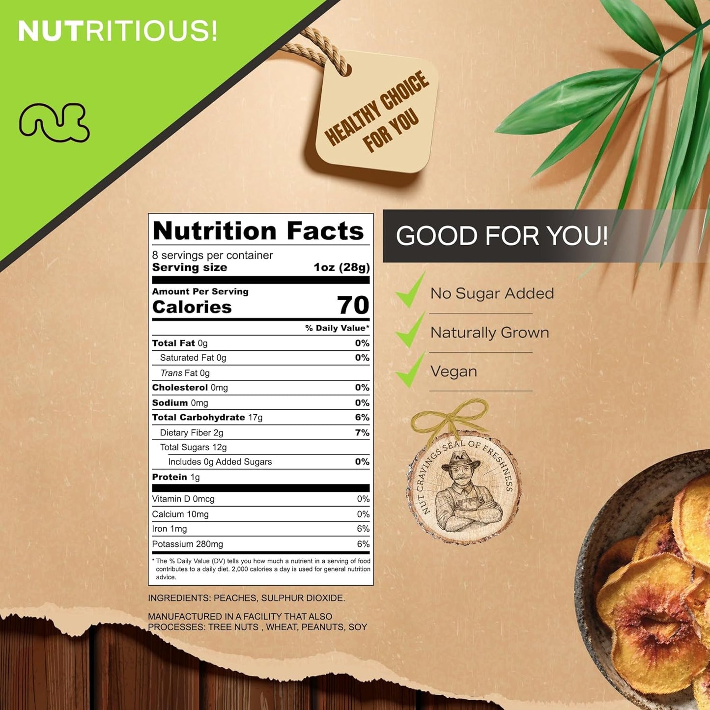 NUT CRAVINGS - Sun Dried California Peaches, No Sugar Added (8oz, 1 Pack) Bulk Dry Fruits Packed Fresh in Resealable Bag - Sweet Healthy Snack, Naturally Grown, Vegan, Kosher