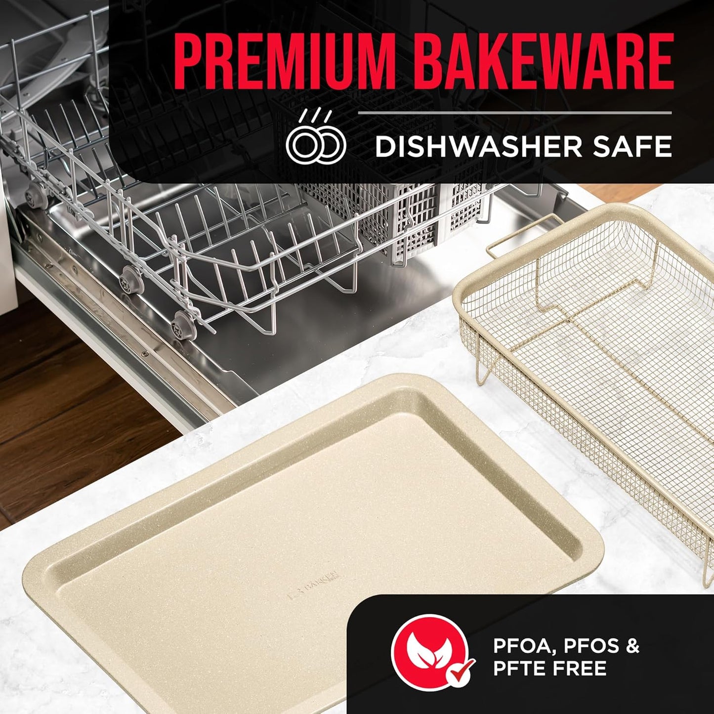 Bakken-Swiss Crisper Tray White marble Coating - 2-Piece Set, Non-Stick Basket Design for Healthier Cooking in Regular Ovens - Make Great Crispy Food, Bacon and More, Extra Large Size 19" x 13"