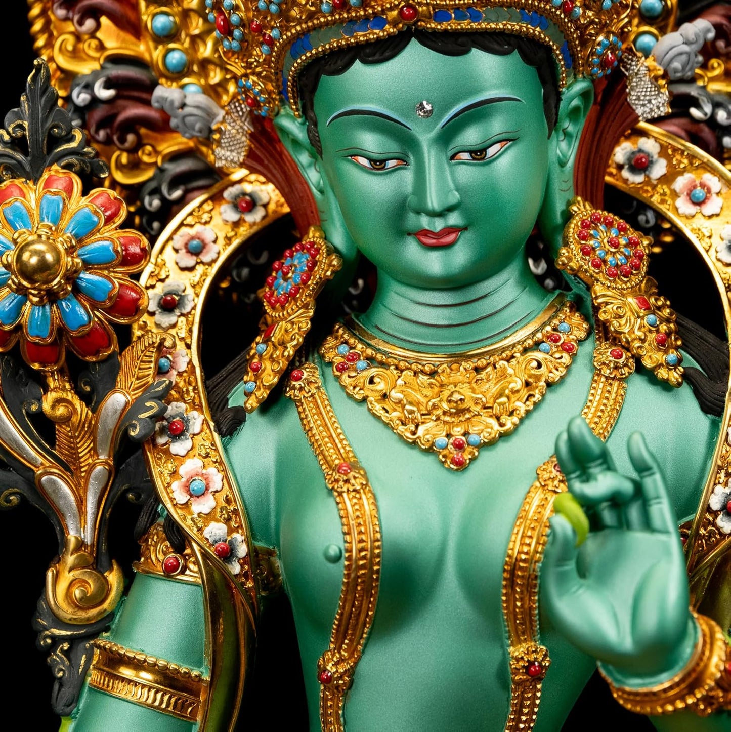 Green Tara Buddha Statue for Zen Decor Indoor, Tibetan Buddhism Handmade Copper Sculpture, Hand-Painted Colored Buddhist Budda, 10.62"