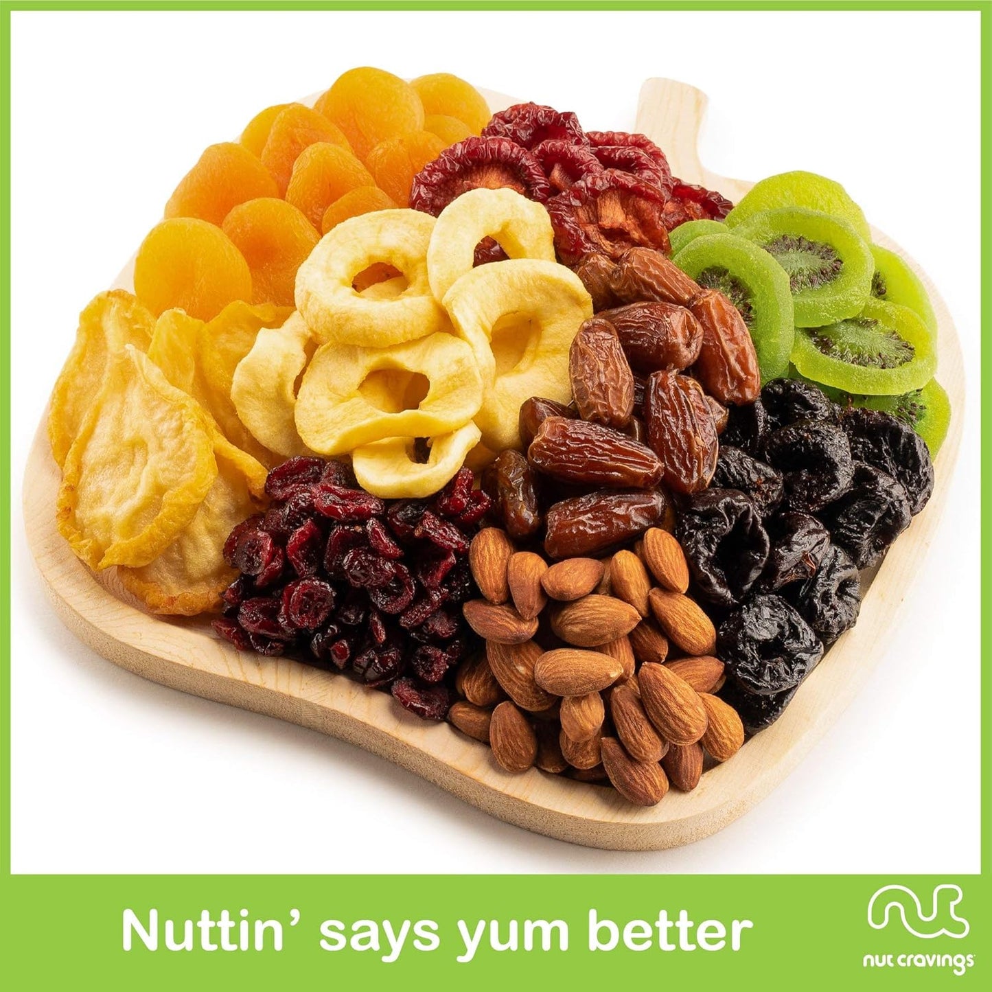 NUT CRAVINGS - Rosh Hashana & Shana Tova Dried Fruit & Mixed Nuts Gift Basket in Wooden Apple-Shaped Tray (9 Assortments) Food Arrangement, Healthy Snack Care Package, Food Assortments