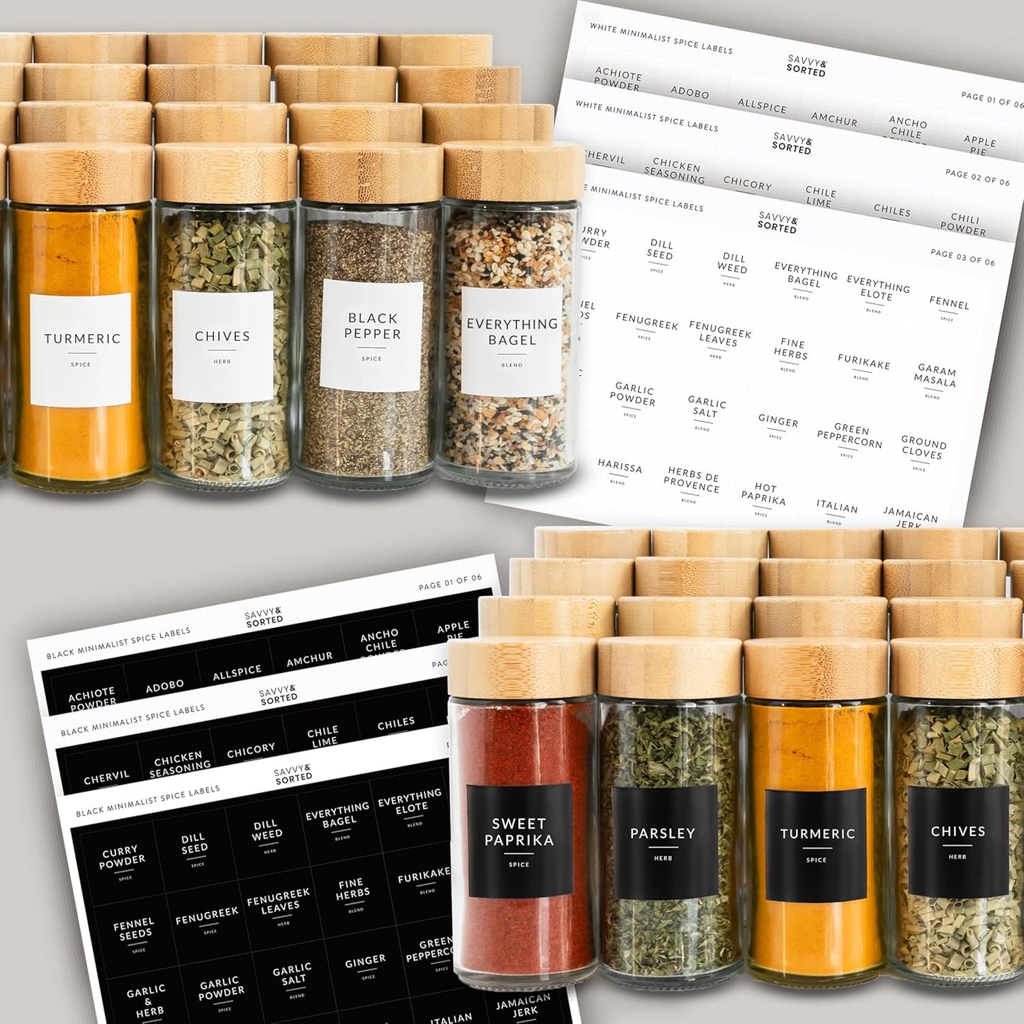 SAVVY & SORTED Glass Spice Jars with Label, 24PK Round Bamboo Jar Spices Set 4oz, 374 Spice Labels, Pepper Grinder, Empty Herb Seasoning Containers, Funnel and Shaker Lids