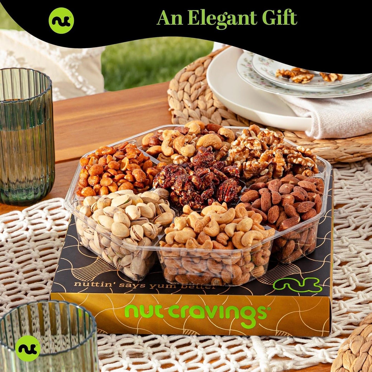 NUT CRAVINGS - Mixed Nuts Gift Basket in Black Gold Box (7 Assortments, 1 LB) Food Arrangement, Healthy Snack Care Package, Food Assortments