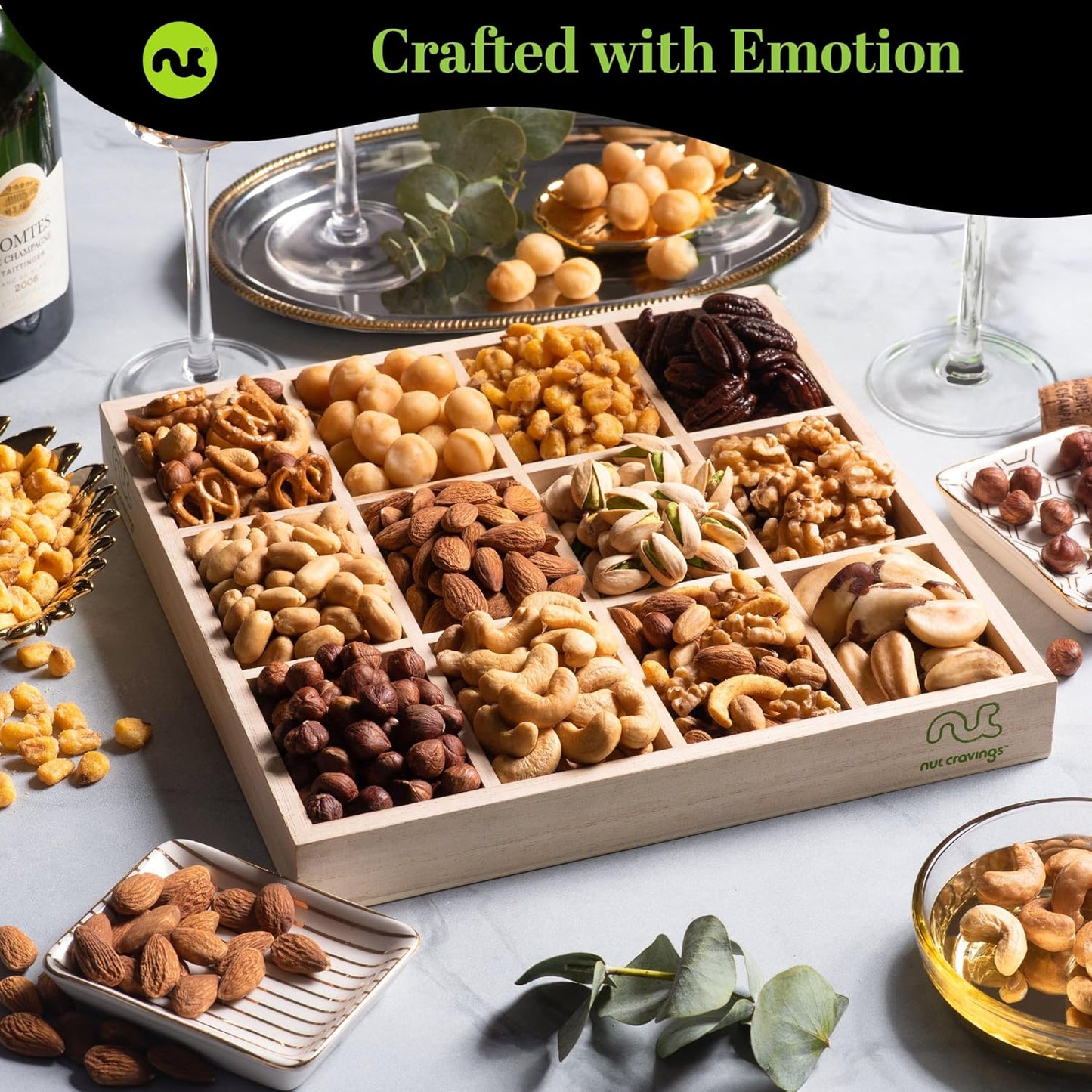 NUT CRAVINGS - Mixed Nuts Gift Basket in Reusable Wooden Tray + Heart Ribbon (12 Assortments) Food Arrangement, Healthy Snack Care Package, Food Assortments