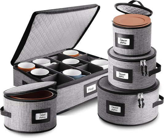 Fine China Hard Shell Dish Organizer - 5 Piece Stackable Mug and Plate Storage Containers with Dividers for Moving and Seasonal Storage, Grey