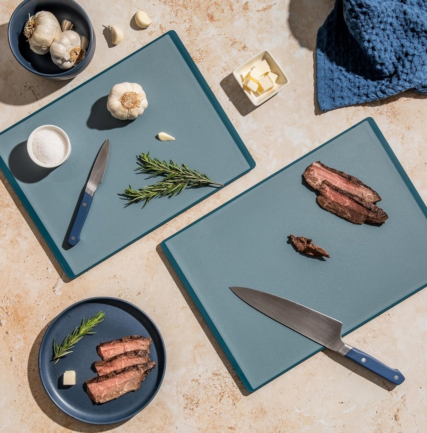 SMIRLY Plastic Cutting Board Set with Holder 4 Pieces, Non-Slip Dishwasher Safe Chopping Boards for Kitchen, Blue