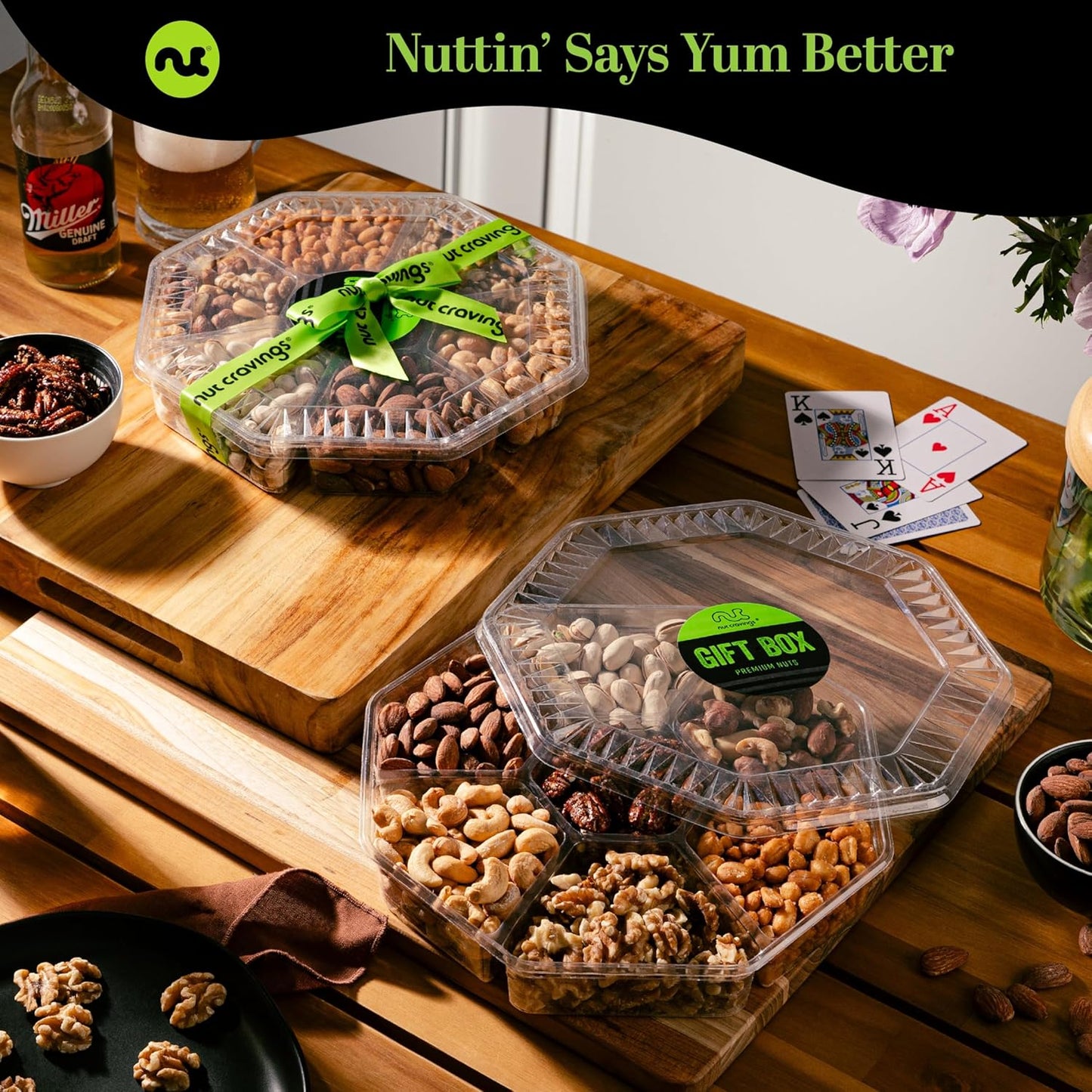 NUT CRAVINGS - Mixed Nuts Gift Basket in Green Gold Box (7 Assortments, 2 LB) Food Arrangement, Healthy Snack Care Package, Food Assortments