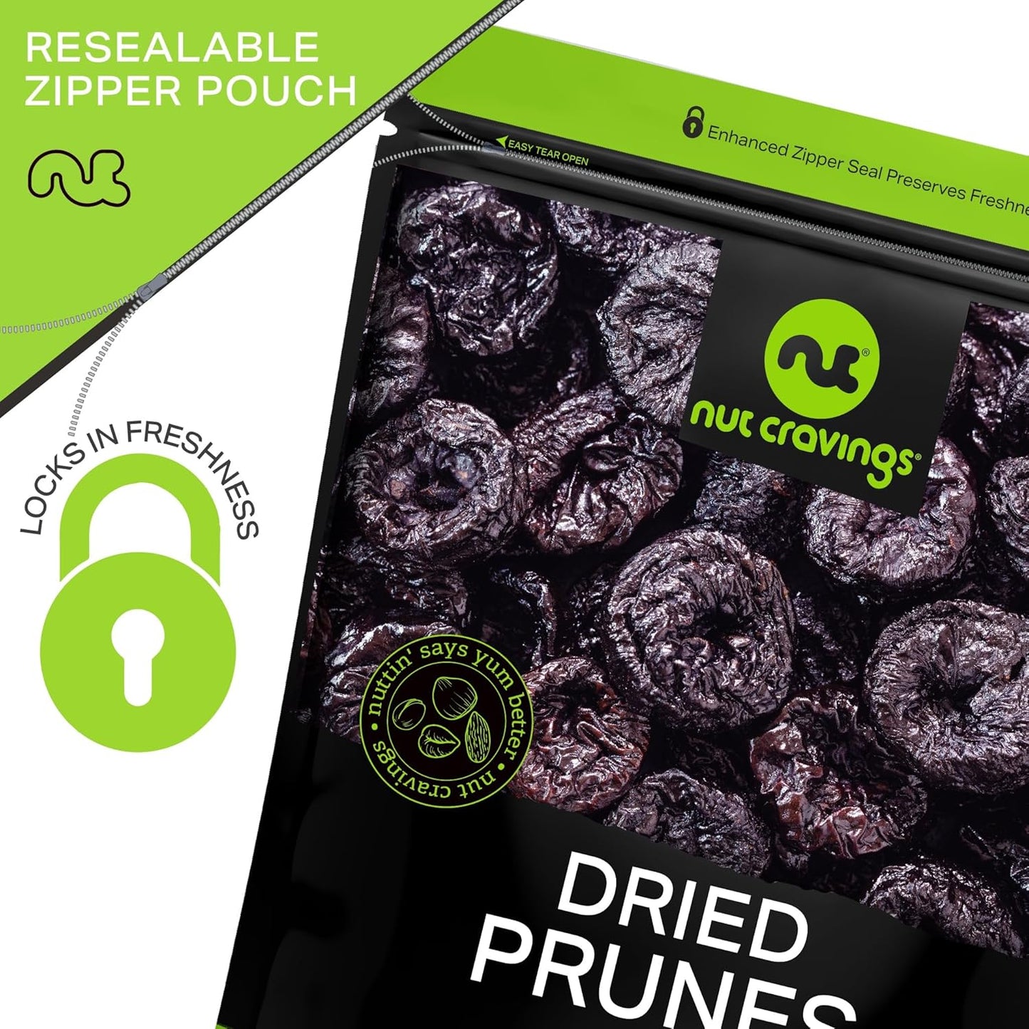 NUT CRAVINGS - Dried Prunes Pitted Unsweetened, Dry Plums No Sugar Added (16oz, 1 LB) Bulk Dry Fruits Packed Fresh in Resealable Bag - Sweet Healthy Snack, Naturally Grown, Vegan, Kosher