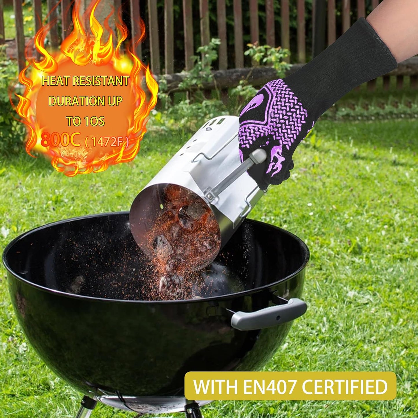 BBQ Fireproof Gloves, Grill Cut-Resistant Gloves 1472°F Heat Resistant Gloves, Non-Slip Silicone Oven Gloves, Kitchen Safe Cooking Gloves for Oven Mitts,Barbecue,Cooking, Frying,13.5 Inch-Purple