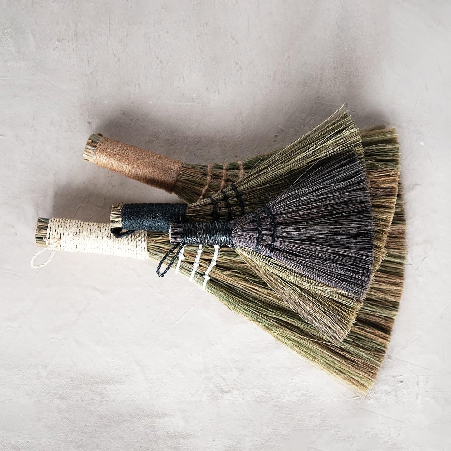 Creative Co-Op Whisk Brooms with Yarn Wrapped Handles, Multi Color Neutrals, Set of 4