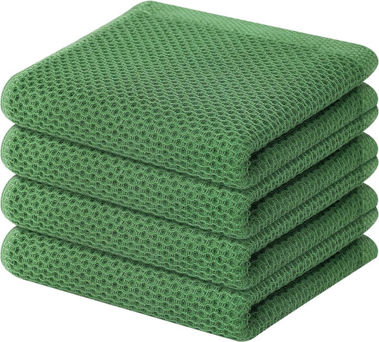 Homaxy 100% Cotton Waffle Weave Kitchen Dish Towels, Ultra Soft Absorbent Quick Drying Cleaning Towel, 13 x 28 Inches, 4-Pack, Grass Green