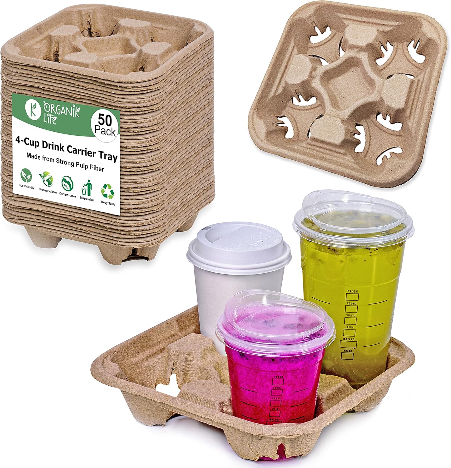 4 Cup Carrier Tray (50-Pack), No-Spill, No-Mess Disposable Holder, Biodegradable, Eco-Friendly for Delivery of Hot or Cold Drinks, Ideal To Go Carrier for Car Food Delivery