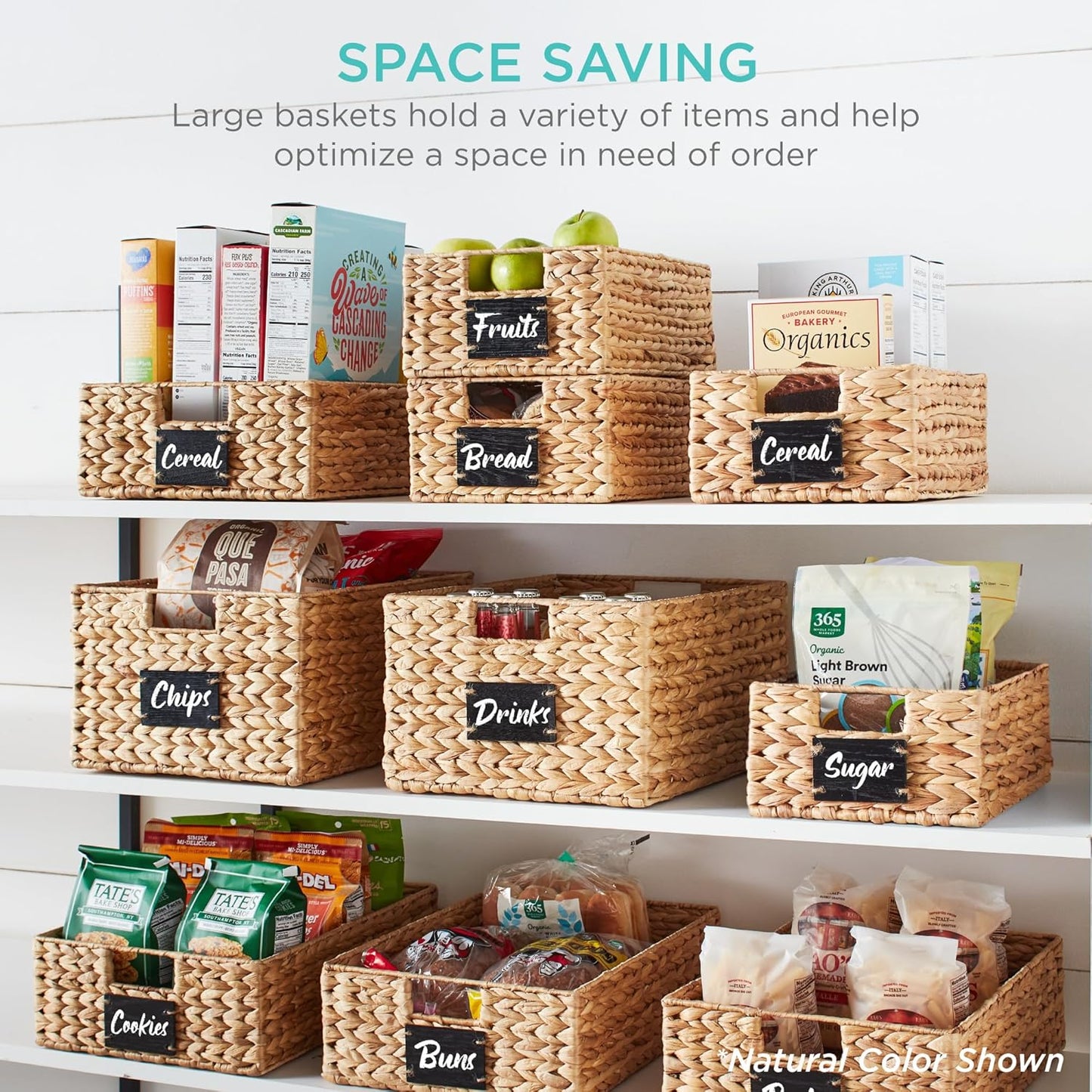 Best Choice Products Pantry Baskets Set of 2 16x12in Water Hyacinth Storage Baskets, Woven Wicker Kitchen Organizers with handles w/Chalkboard Label Chalk Marker - Black