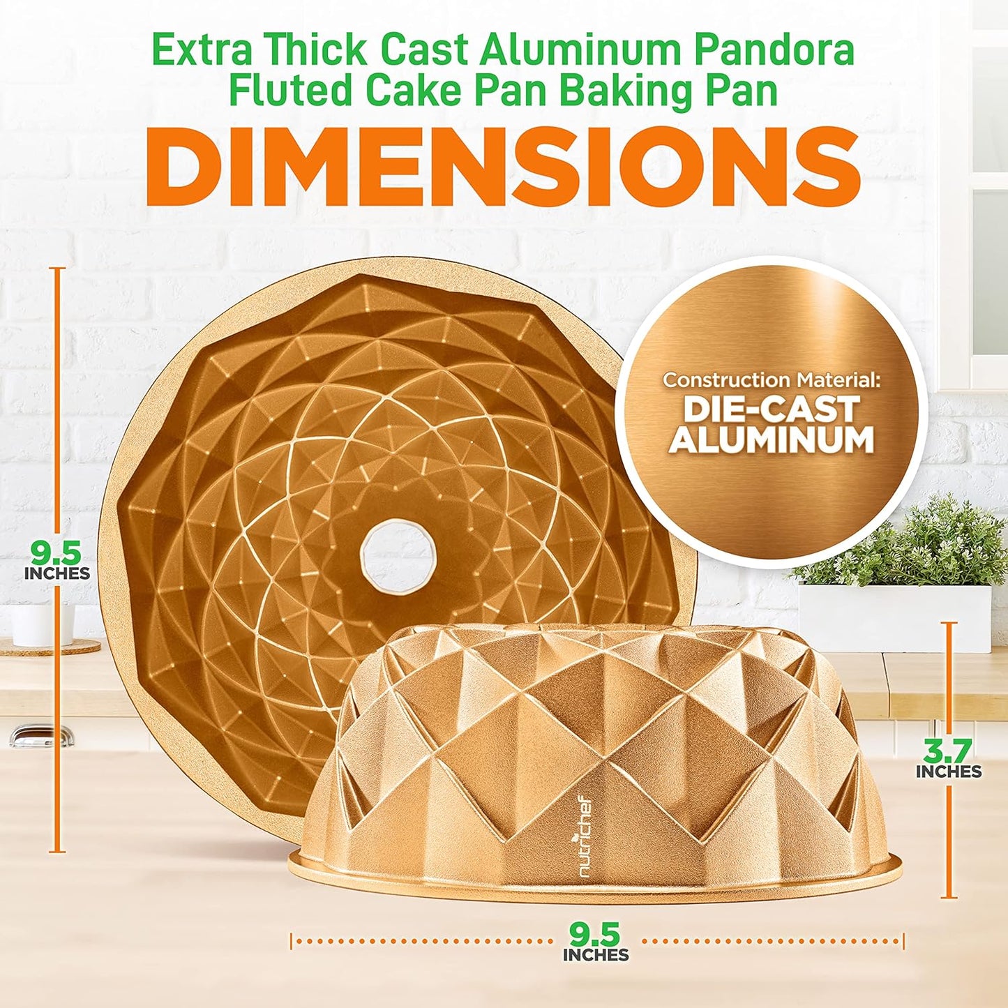 NutriChef 9-Inch Cake Pan - Thick and Heavy Cast Aluminum Bakeware Cake Mold with 2 Layers of Nonstick Coating - French Wreath Design for Uniform Baking Up To 500 Degrees - Easy to Clean, Gold